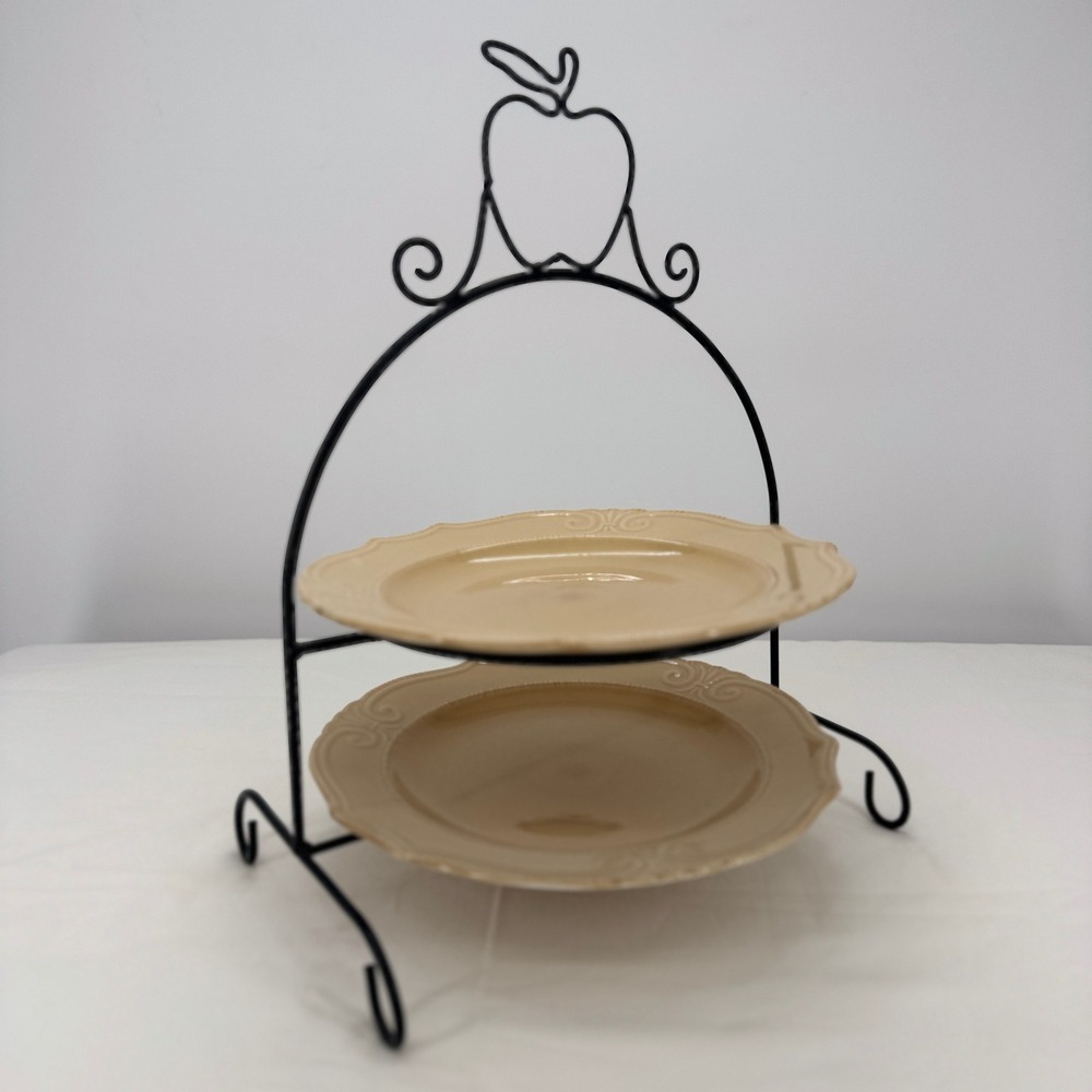 2 Tier Serving Stand with Apple Motif and Scalloped Tan Ceramic Plates